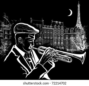 Vector illustration of a trumpeter on  Paris grunge background