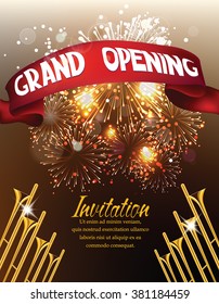 Vector illustration with trumpets, fireworks and red ribbon. Grand Opening invitation.