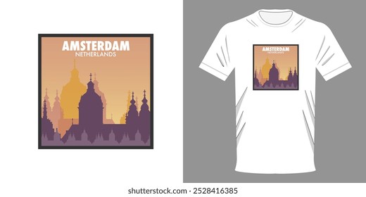 Vector illustration t-shirt AMSTERDAM PANORAMA, NETHERLANDS. View of the city in the rays of sunset. T-shirt with minimalist design. Retro print for typography printing