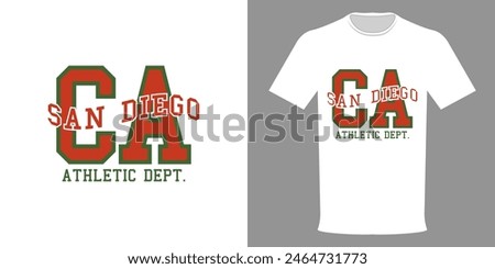 Vector illustration of T-shirt California, SAN DIEGO athletic department. Typographic print of student t-shirt. University team uniform