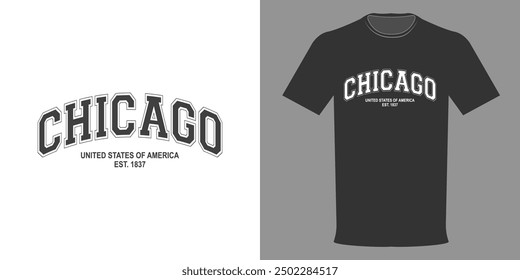 Vector illustration. T-shirt CHICAGO. CLASSIC PRINT UNITED STATES OF AMERICA. Fashionable t-shirt design in minimalist style. Highest quality streetwear. Urban style