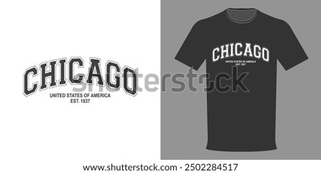 Vector illustration. T-shirt CHICAGO. CLASSIC PRINT UNITED STATES OF AMERICA. Fashionable t-shirt design in minimalist style. Highest quality streetwear. Urban style
