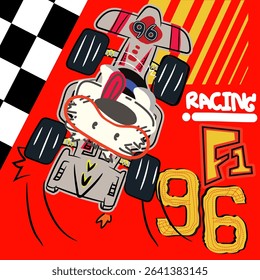 Vector illustration of a t-shirt. Cute grey racing dog driving on a red background with a checkered flag. Viewed from above.