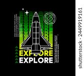 Vector illustration. T-shirt design for boys with cartoon rockets, planets, stars, spaceship