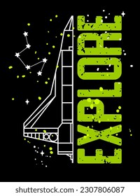 Vector illustration. T-shirt design for boys with cartoon rockets, planets, stars, spaceship