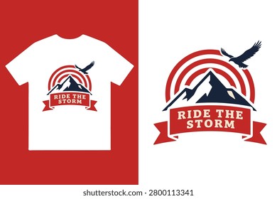 Vector illustration tshirt design of mountain peak with flying eagle and ride the storm text banner