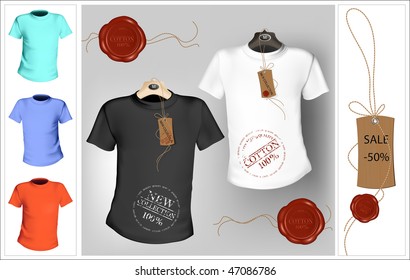 Vector illustration. T-shirt design template. Black, white and color. Tag with sealing wax.