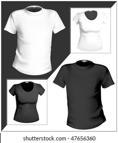 Vector illustration. T-shirt design template (men and women). Black and white.