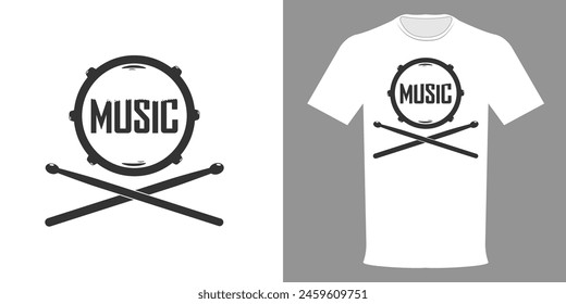 Ilustración vectorial de una camiseta Tambores con la inscripción MÚSICA. Logotipo tipográfico de banda