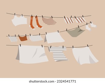 vector illustration of t-shirt fabric socks towels bed linen clothes drying in the sun