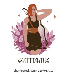 Vector illustration for t-shirt. Girl in the image of the zodiac sign Capricorn. Woman with a bow and arrows. Archery sport. Analysis of the characteristics of the date of birth. 