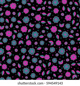 Vector illustration. T-shirt graphics for kids over black background. Vector beautiful print in a T-shirt tropical theme. Seamless pattern in magenta, gray and blue colors.