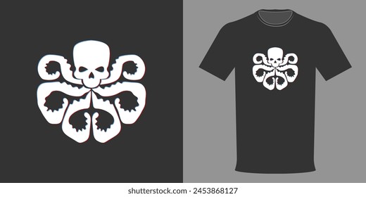Vector illustration t-shirt hydra skull with tentacles, typographic print, mythology