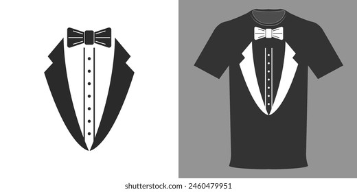 Vector illustration of a T-shirt with an image of a tailcoat with a bow tie. A template for those who don't like costumes. Gentleman's typographic print