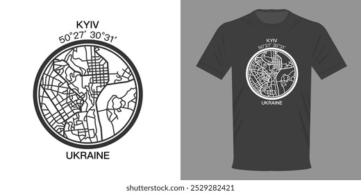 Vector illustration T-shirt with Kyiv map in a circle. Kyiv, UKRAINE, COORDINATES with approximate city map. T-shirt with minimalist design. Retro print for typographic printing.