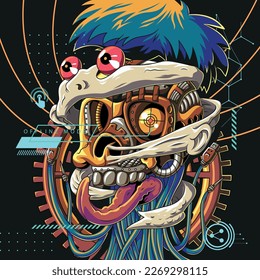 vector illustration for t-shirt, machine robotic skull skin peeled off, hair thrown off, tongue sticking out