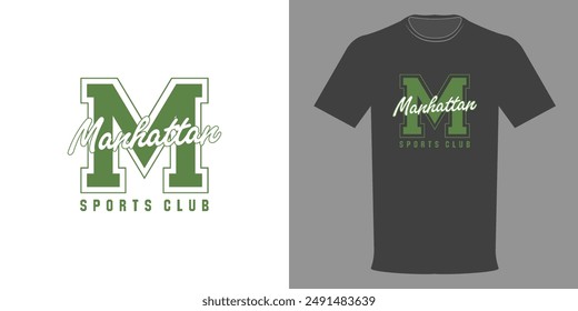 Vector illustration. T-shirt MANHATTAN SPORTS CLUB in a minimalist style. Athletic Wear. Typographic print, Sportswear. College League, school football team