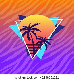 Vector Illustration for T-shirt with Palms and Sunset. 80's and 90's Apparel. Glam Rock style. Retro print for clothing.