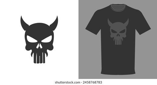 Vector illustration of a t-shirt panisher skull with horns. Typographic print, scary devil
