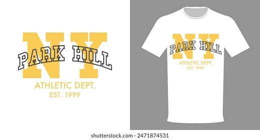 Vector illustration of T-shirt PARK HILL NEW YORK. Vintage varsity print. Typographic print Student fraternity. Yellow logo isolated on white background