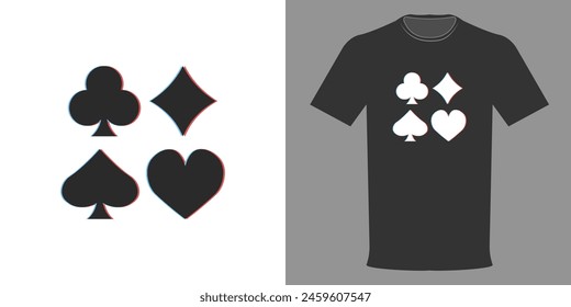 Vector illustration of a t-shirt with playing card suits with 3d effect. Anglyph typography template