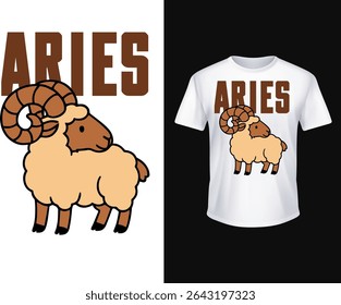 Vector illustration of a t-shirt print – Aries. Cheerful cartoon ram in a neon color palette with zodiac stars and Aries symbol. Fun, colorful print for teens, gifts, or casual fashion.