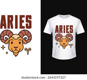 Vector illustration of a t-shirt print – Aries. A cute fluffy ram in profile with bold Aries text, symbolizing strength and energy. Ideal for apparel, streetwear, or zodiac-themed merchandise.	