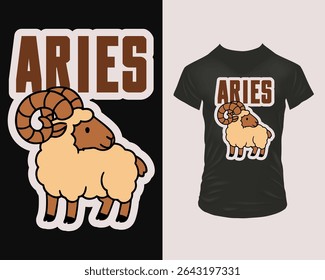 Vector illustration of a t-shirt print – Aries. Cheerful cartoon ram in a neon color palette with zodiac stars and Aries symbol. Fun, colorful print for teens, gifts, or casual fashion.	