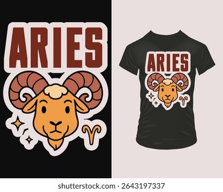 Vector illustration of a t-shirt print – Aries. A cute fluffy ram in profile with bold Aries text, symbolizing strength and energy. Ideal for apparel, streetwear, or zodiac-themed merchandise.	