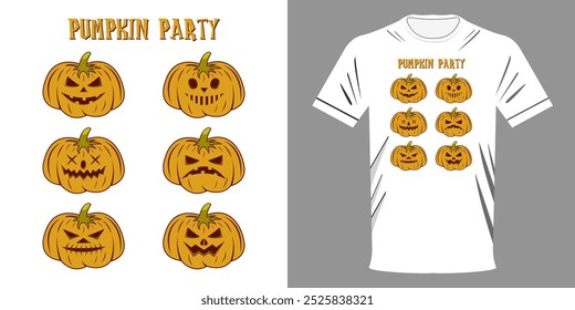 Vector illustration T-shirt PUMPKINS FOR HALLOWEEN. HALLOWEEN PARTY STYLE. Clothes for the holiday. Evil pumpkin heads. Retro print for typography