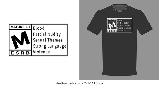 Vektorillustration eines T-Shirts mit einem Sensitive Content Warning mit einer M Bewertung von 17+. M für Ab 18 Logo. Typografischer Druck auf schwarzweißem Hintergrund, Vorlage für Website Banner