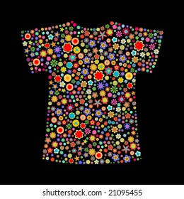 Vector illustration of t-shirt shape  made up a lot of  multicolored small flowers on the black background