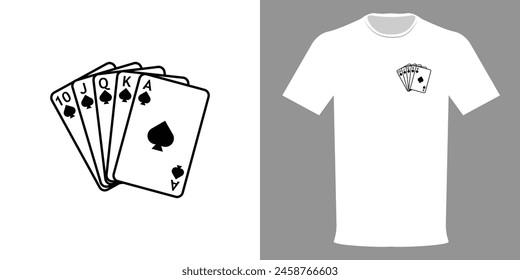 Vector illustration of a t-shirt of a sharpie with playing cards. Poker player t-shirt. Royal flush, typographic print for casino