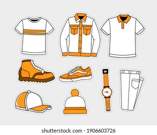 vector illustration of t-shirt, shirt, polo shirt, pants, watch, shoes and hat icon set for fashion content icon and logo.