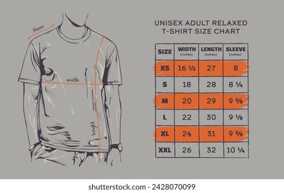 Vector illustration of a t-shirt size chart template.