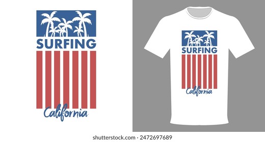 Vector illustration of T-shirt SURFING, CALIFORNIA. Vintage print. Typographic template with palm trees and USA flag. Surfer hoodie