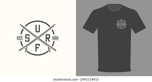 Vector illustration. T-shirt with SURFING logo, Surfing club badge. Longboards crossed in a circle. Original Athletic Department. Typographic print