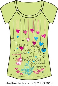 vector illustration of t-shirt textile vs heart, angel girl and frog
