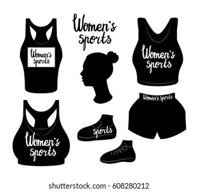 Vector illustration. T-shirt top and sport bra. Lettering inspirational Women's sports. Sports clothing female. Black silhouette isolated white background.