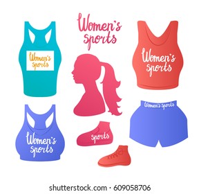 Vector illustration. T-shirt top and sport bra. Lettering inspirational Women's sports. Sports clothing female. Color silhouette isolated white background.