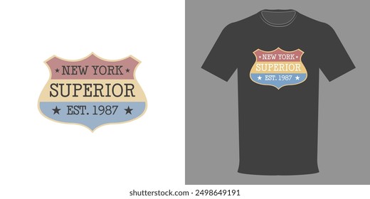 Vector illustration. T-shirt with vintage logo SUPERIOR NEW YORK. Retro design of fashionable t-shirt in minimalistic style. Original Athletic Department. Typographic print college league