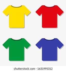 Vector illustration of t-shirts in four different colors with shadow on white background.