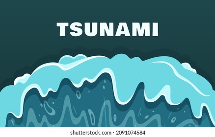 Ilustración vectorial de la pancarta del tsunami. Banner azul oscuro. Concepto de fondo blanco. Grandes olas del mar o del océano.