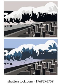 VECTOR ILLUSTRATION OF THE TSUNAMI DECLINED ON THE CITY