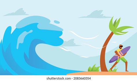 Vector illustration tsunami disaster approaching the beach with surfers run away from the beach background.