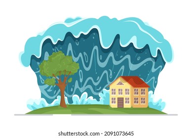 Vector illustration of tsunami. Tsunami waves approaching the beach. Natural disaster. The flooded city.