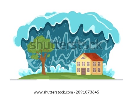 Vector illustration of tsunami. Tsunami waves approaching the beach. Natural disaster. The flooded city.