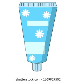 Vector illustration of a tube of face cream isolated on a white background. Stock illustration of cream with camomile. Illustration of a blue tube for face care. Flat Cream Illustration
