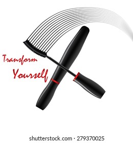 Vector illustration of a tube of mascara. Isolated. Lines of brushes. Inscription - Transform Yourself