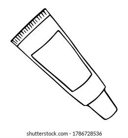 Vector illustration. Tube of paint or glue icon isolated on white. Office aksessuary. Theme of back to school. Hand drawn simple office supplies doodle clipart. Banner, poster, print, pattern, logo.